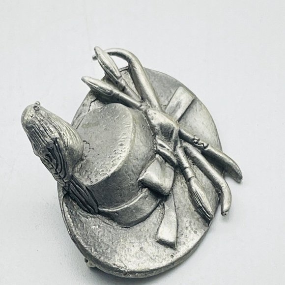 Marjolein Bastin Signed Artist Hat Pin Pewter Tone Bird Paintbrushes Classic - Picture 5 of 7